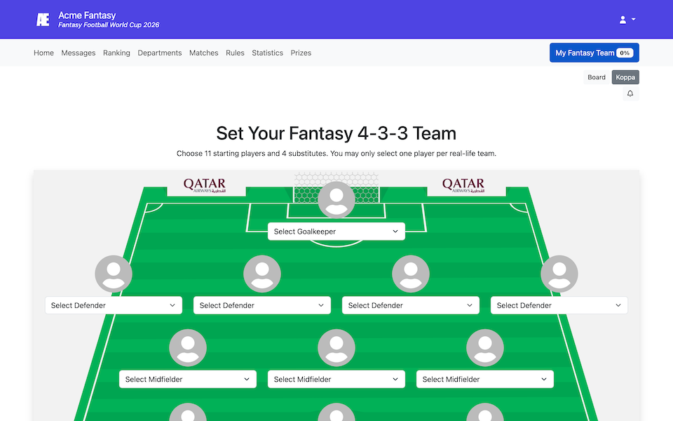 Team selection screen
